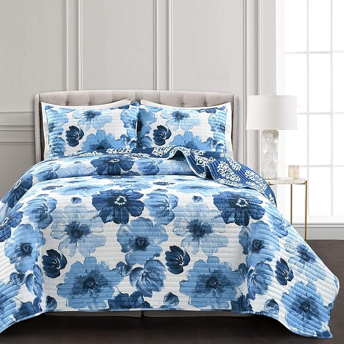 Lush Decor Leah Reversible Floral Quilt Set, 3 Piece Set, Full/ Queen, Navy & White - Watercolor Botanical - Cottage Core - French Country Decor- Bedding Queen Size