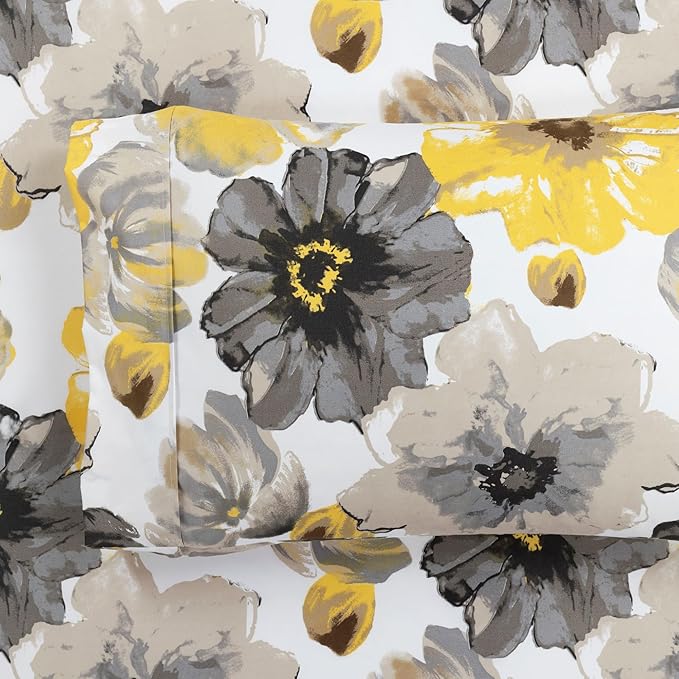 Lush Decor Leah Soft Floral Sheet Set, 6 Piece Set, Queen, Yellow & Gray- Queen Size Sheet Set - Printed Bedding - Watercolor Florals - Farmhouse Décor