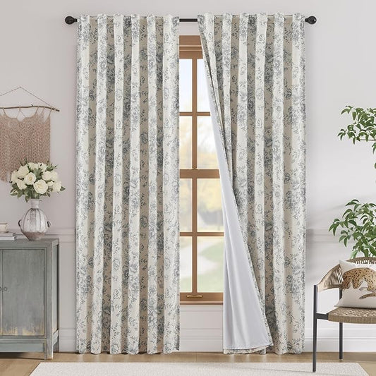 jinchan Blackout Linen Blend Curtain Grey Floral Blackout Curtains for Living Room 84 Inch Length Gray Printed with Lined Blackout Curtain for Bedroom Farmhouse Curtains Set 2 Panels