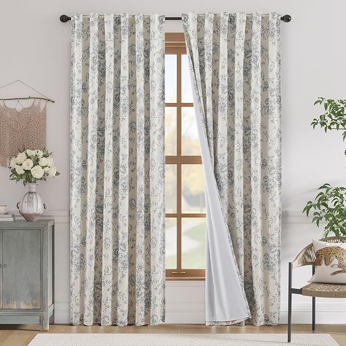 jinchan Blackout Linen Blend Curtain Gray Floral Blackout Curtains for Living Room 90 Inch Length Grey Printed with Lined Blackout Curtain for Bedroom Farmhouse Curtains Set 2 Panels