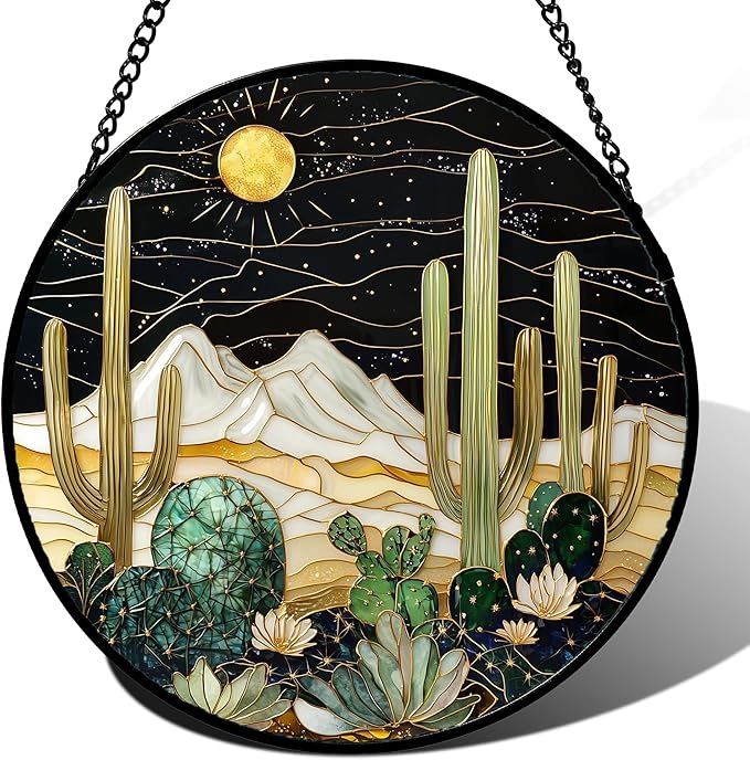 Stained Glass Window Hanging, Black and White Golden Cactus Nature Suncatcher for Doors Window Home Starry Sky Sun Catchers Decor Mother's Day Birthday Gifts for Women, Men Mom 11.8 in