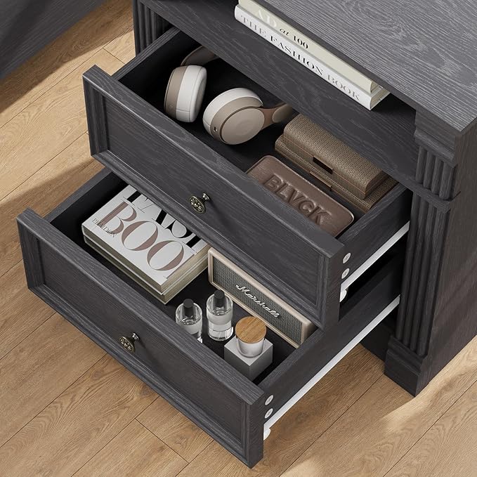 Grey Nightstand with Charging Station, Farmhouse Bedside Table, End Table with 2 Drawers and Chic Wood Pilasters Design, Wood Side Table with Metal Handles for Bedroom, Living Room