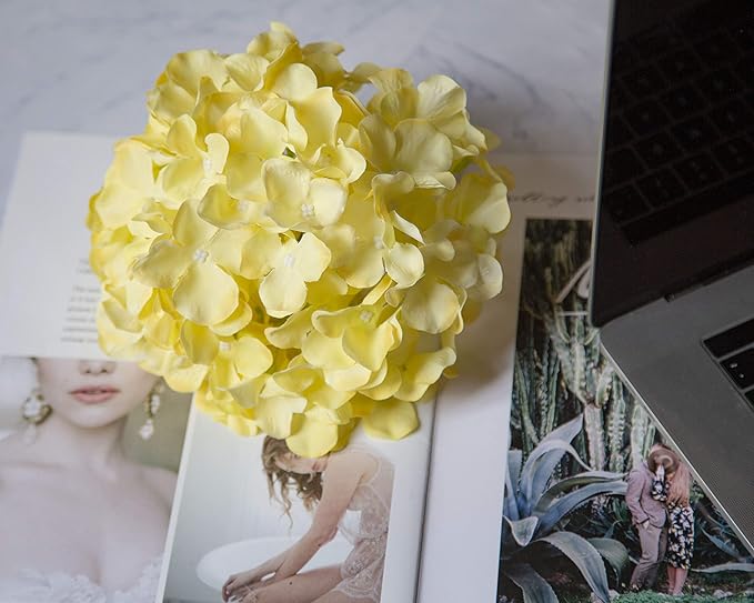 DuHouse Hydrangea Silk Flowers Artificial Flowers with Stem Fake Flower Heads for Wedding Centerpiece Home Decor Pack of 6 (Yellow)