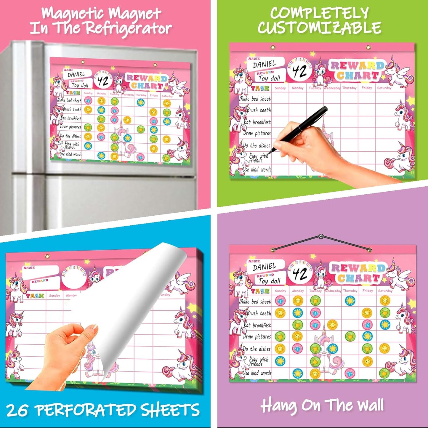 Skiennix Unicorn Magnetic Reward Chart for Kids - 26 Chore Charts & 2080 Star Stickers | Pink