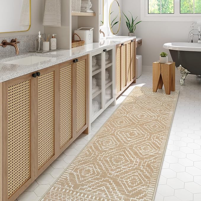 Wonnitar Moroccan Washable Kitchen Runner Rug 2'6"x8', Non-Slip Boho Rug Runners for Hallways, Farmhouse Floor Carpet Soft Runner for Bathroom Hall Entyway (Kakhi,2'6"x8')