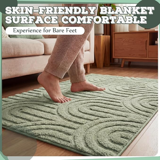 Drydiet Sage Green Boho Jacquard Bathroom Rug for Bathroom 3D Arched Stripes Non Slip Absorbent Extra Thick Soft Carpet, Plush Bath Rug with Rubber Backing for Bath Shower, 20''x30''
