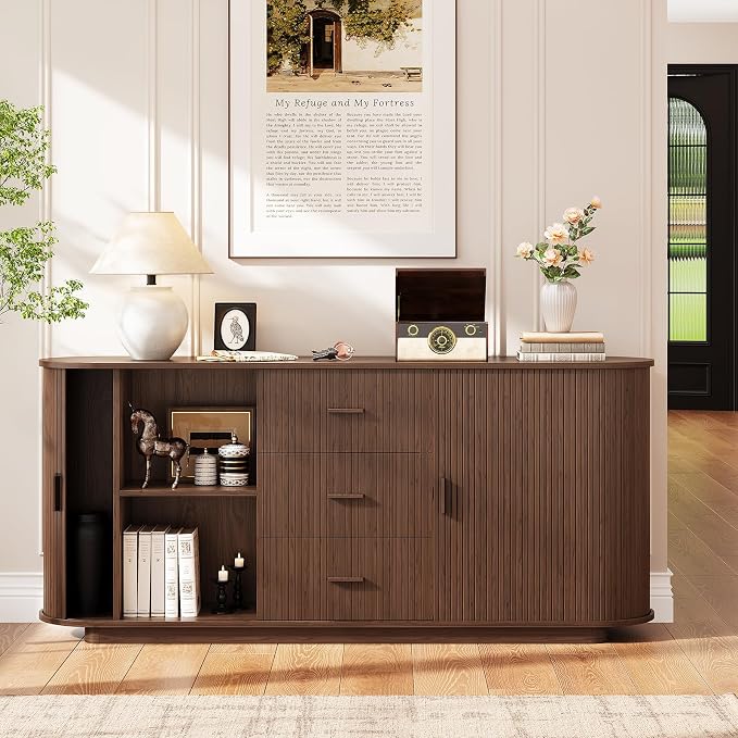 ONBRILL 63" Fluted Sideboard Buffet Cabinet with 3 Drawers & 2 Doors, Mid-Century Modern Buffet Sideboard Cabinet with Storage, Coffee Bar Table with Adjustable Shelf for Kitchen, Living Room, Walnut