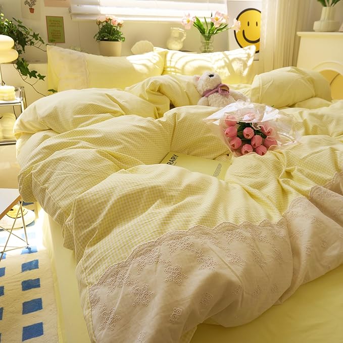 LifeTB Yellow Gingham Duvet Cover Queen 3 Pieces Romantic Lace Comforter Cover Soft Microfiber Cream Yellow Grid Duvet Cover Farmhouse Plaid Checkered Comforter Cover Grid Gingham Bedding Set