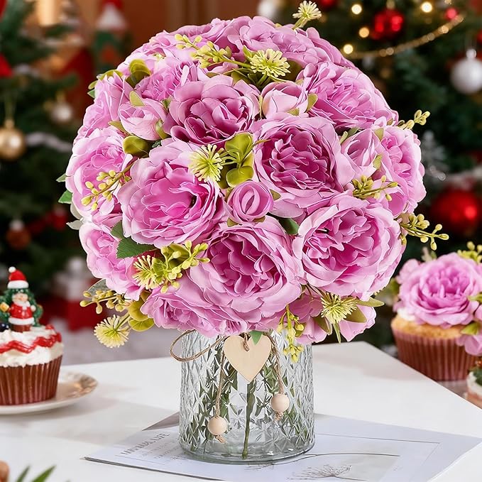 12 Packs Artificial Peonies Silk Flowers: Faux Peony Bouquet 12 Bundles, Fake Peonies Flowers Bulk for Centerpiece Table Wedding Party Home Decor for Christmas Decoration (Light Purple)