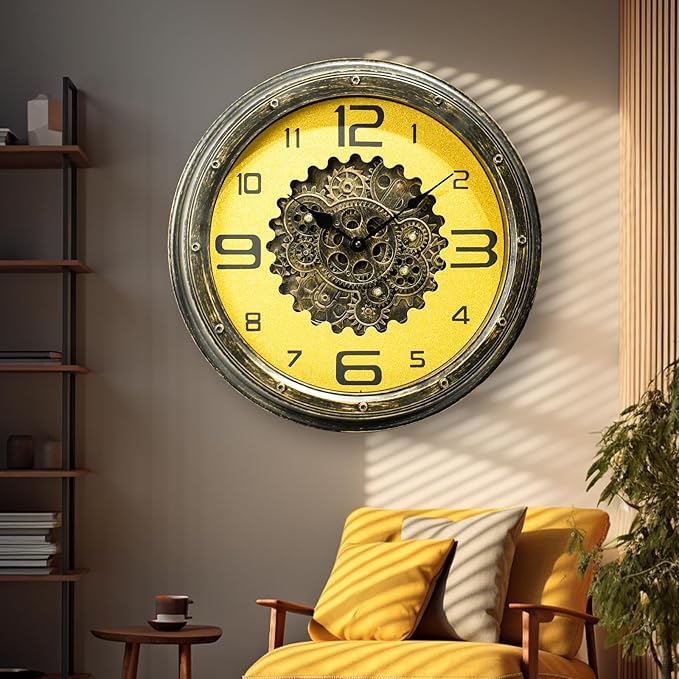 16 inch Large Gear Clock with Real Moving Gears, Steampunk Gold Wall Clock, Suitable for Living Rooms, Offices, Factories, Bedrooms, and Cabins (Gold, 16 inches)
