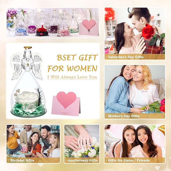 ANWEAO Mom Birthday Flowers Gifts for Mom,Glass Angel Figurines Preserved Real Rose with I Love You Necklace in 100 Languages, Valentines Rose Gifts for Women,Gifts for Her Grandma Unique Flower Gift