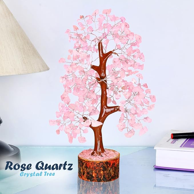 YATHABI Rose Quartz Tree - Pink Crystal Desk Decor - Feng Shui Gemstone Bonsai - Spiritual Gift for Positive Energy