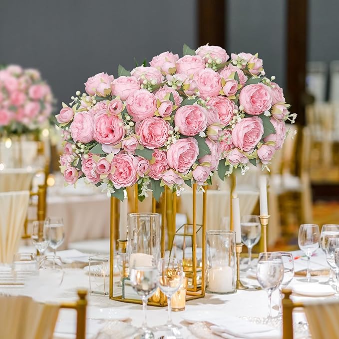 SOMYTING Artificial Peony Flower, Silk Peonies Bouquet Fake Flowers Faux Floral Arrangements Dining Table Centerpieces for Home Kitchen Bridal Wedding Party Decor (Light Pink, 2PCS)