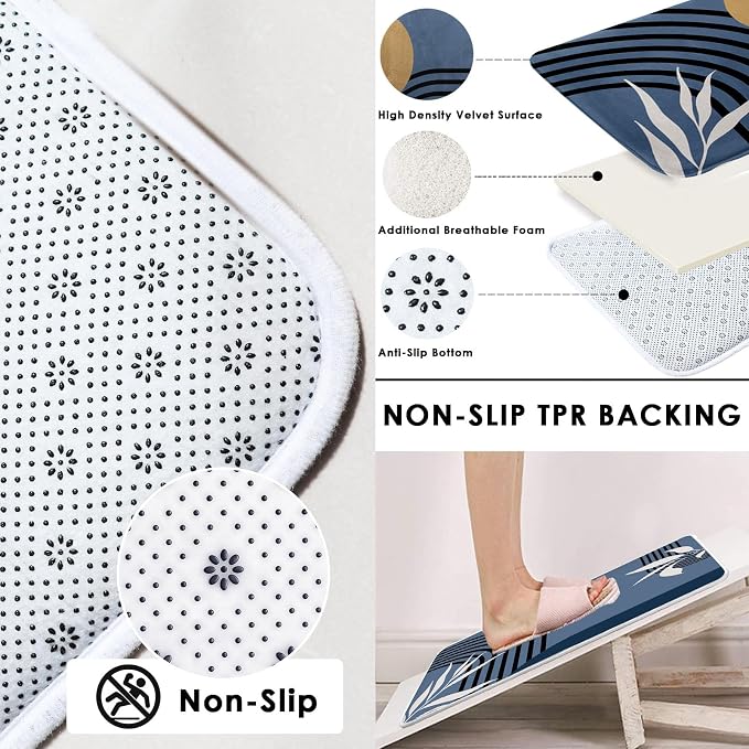 Boho Mid Century Shower Curtain Set with Toilet Lid Cover and Non-Slip Rugs, Abstract Geometric Blue Background 4 Pcs Modern Minimalist Vintage Shower Curtain for Bathroom Set with 12 Hooks