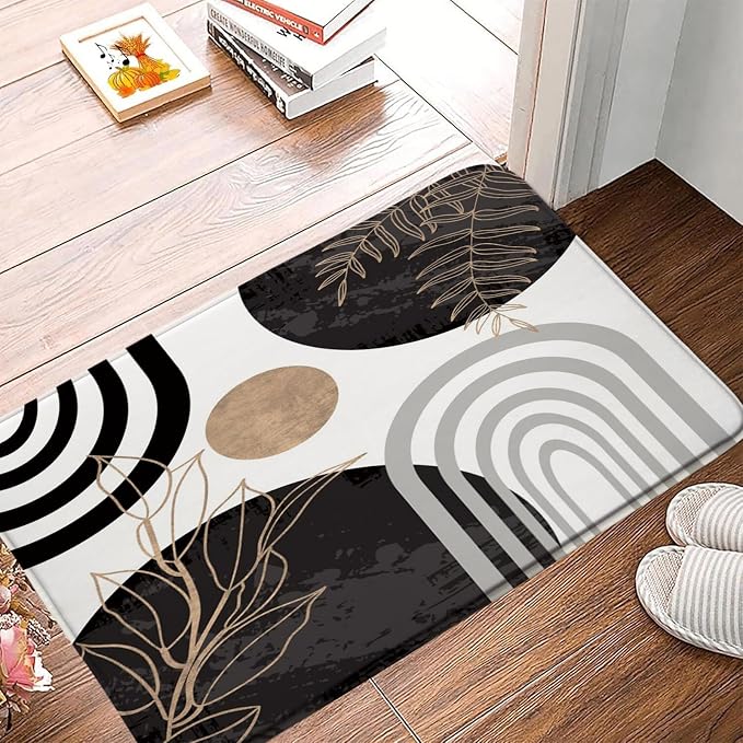 Boho Mid Century Bath Mat Black White Moern Minimalist Leaves Arch Abstract Retro Bathroom Mat Rug Memory Foam Doormat，17.8x29.5 Inch