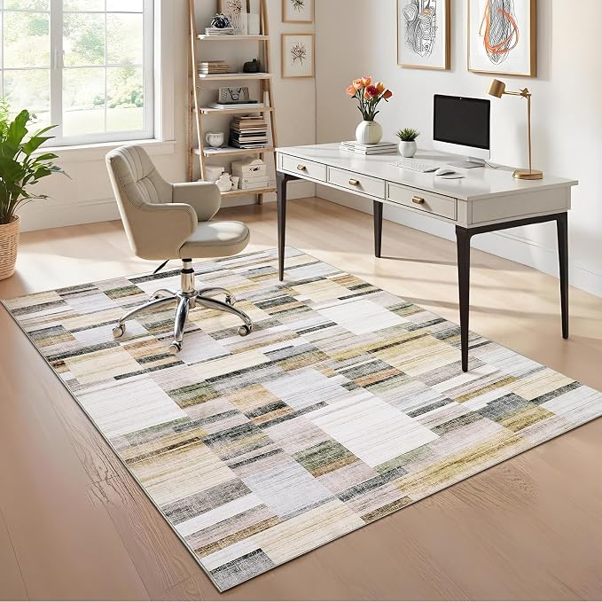 Washable Area Rugs 9 x 12 Rug for Living Room Geometric Modern Rug Non Slip Throw Rugs Large Bedroom Rugs Low Pile Stain Resistant Carpet for Dining Room Nursery 9'x12' Khaki&Grey