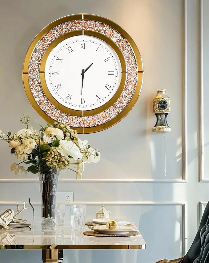 Crushed Diamond Wall Clock Round Decorative Mirrored Clock 24 inch Brown