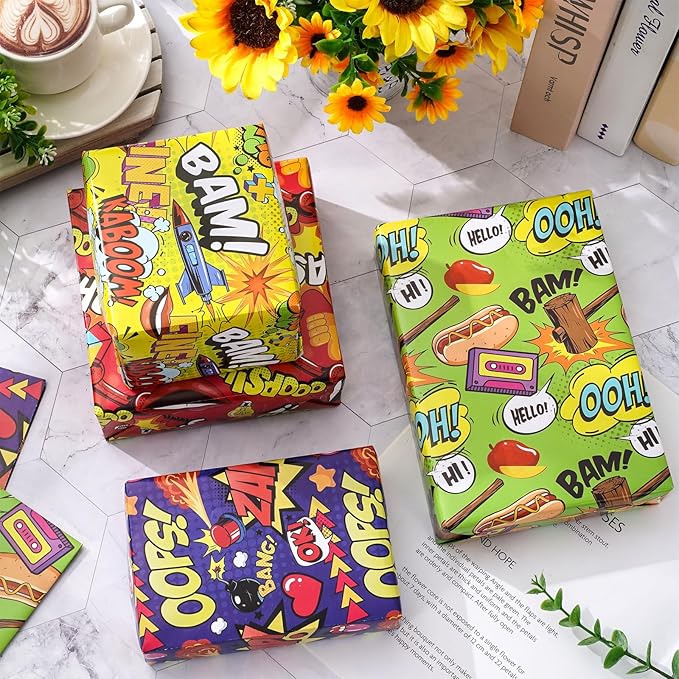 JarThenaAMCS 12 Sheet Comic Wrapping Paper -Not Roll- Colorful Cartoon Boom Gift Wrap Paper Folded Flat Art Paper for DIY Crafts Gift Wrapping, 19.7 x 27.6 Inch