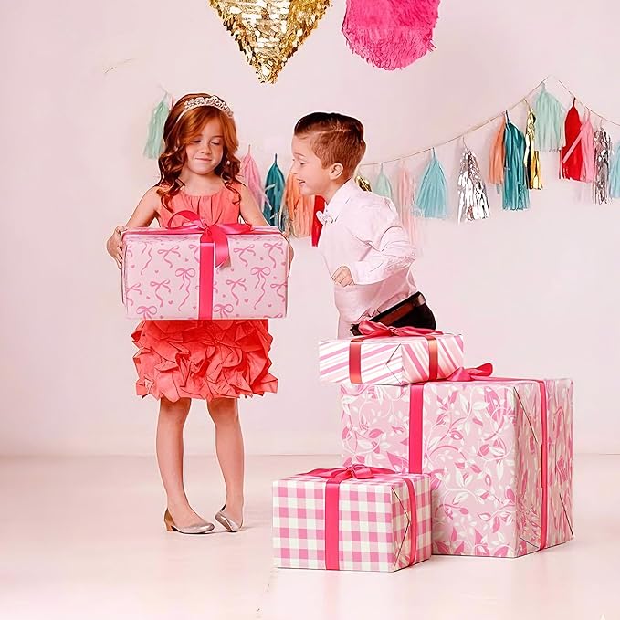 MotiGiftie Pink Wrapping Paper Sheet - 8 Sheets Folded Flat Gift Wrap with Cute Ribbon Bow, Pink Plaid, Stripes and Leaves Design for Girl Baby Shower, Birthday, Wedding - 20 X 28 Inch Per Sheet