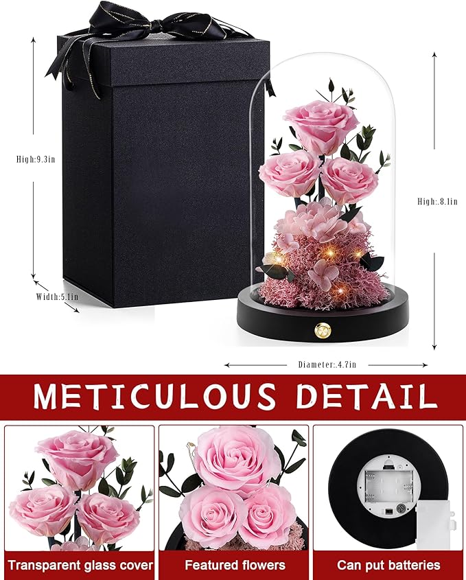 Christmas Flowers Roses Gifts for Mom,Forever Real Preserved Roses in Glass Dome,Christmas Anniversary Thanksgiving Gifts for Wife Girlfriend Women Best Friend GrandmaPink Rose