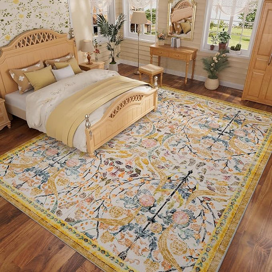 AMTOVO 5x7 Washable Area Rugs for Bedroom, Vintage Boho Floral Distressed Print Non-Slip Carpet, Soft Colorful Rug for Living Room Dining Room Nursery Farmhouse Girls Room, Golden Yellow