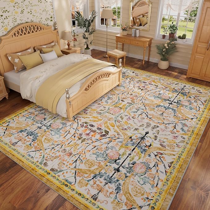 AMTOVO 6x9 Washable Area Rugs for Living Room, Non-Slip Large Soft Boho Floral Vintage Accent Print Carpet for Bedroom Dorm Nursery Room Dining Room Farmhouse Home Office, Golden Yellow
