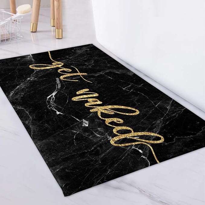 LB Gold Get Naked Bath Mat for Bathroom- Modern Black Marble Non Slip Doormat- Funny Luxury Geometric Super Absorbent Memory Foam Living Room Bedroom Door Front Floor Area Rugs,31.5x19.6 Inch