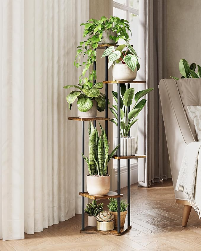 GENTINGBRO Corner Plant Stand Indoor 6 Tiered Plant Shelf for Multiple Plants Tall Plant Stand Shelf Wood Plant Stands Metal Shelving for Living Room Bedroom Balcony Brown Oak