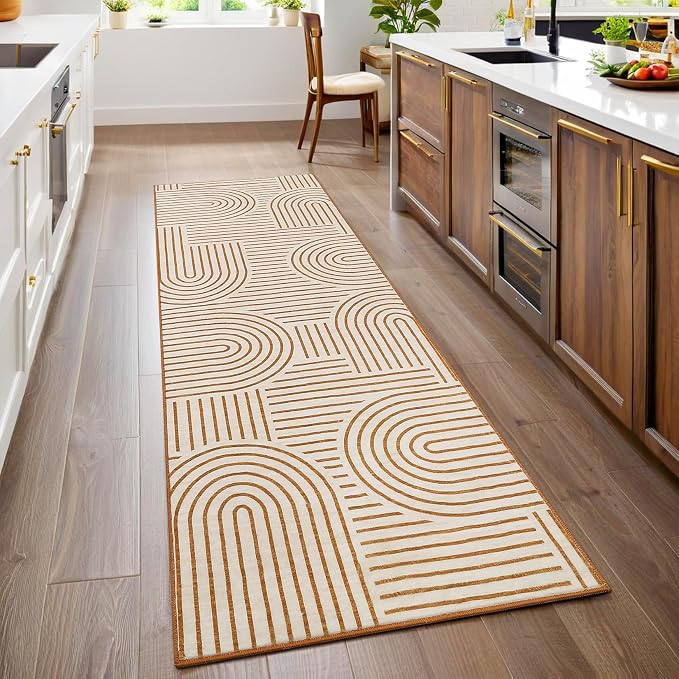 Washable 2x6 Abstract Lines Runner Rug Non Slip Kitchen Rugs Non Shedding Bedside Long Rug Low Pile Soft Entryway Rug Modern Rainbow Runner Rug for Porch Laundry Room Dining Table Under, Orange