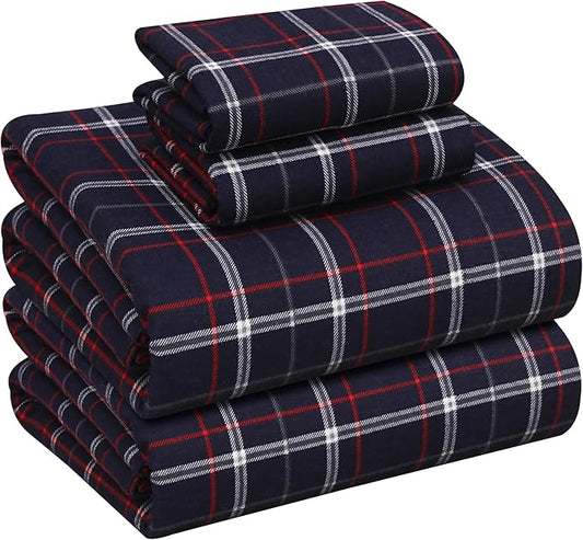 RUVANTI Flannel Sheets Full Size - 100% Cotton Double Brushed Bed Sheets Set, Deep Pockets 16 Inches, All Seasons Breathable & Extra Soft Full Sheets, Warm & Cozy, 4 Piece, Yankees Blue