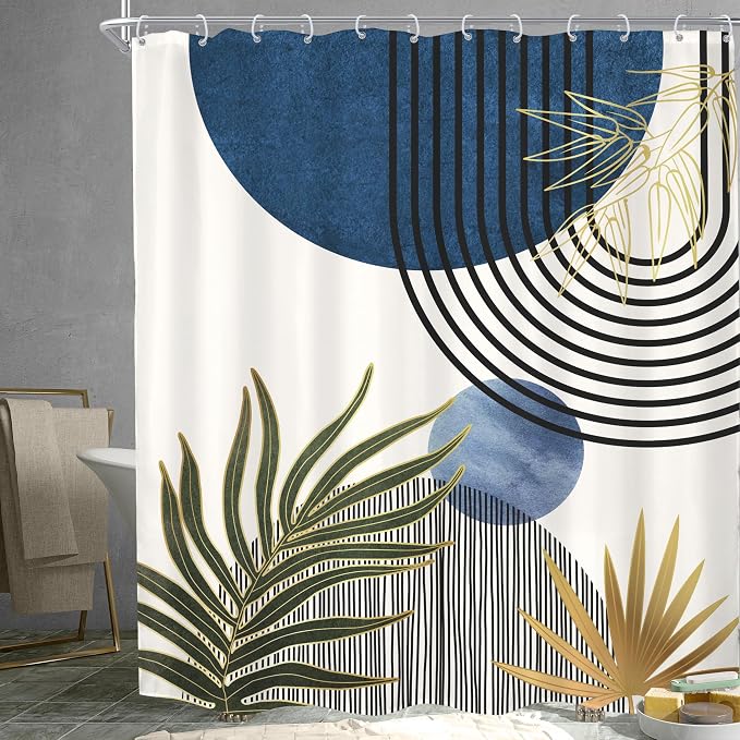 KOMLLEX Mid Century Blue Green Boho Shower Curtain for Bathroom Decor 72Wx84H Inches Extra Long Abstract Modern Plant Botanical Minimalist Arch Fabric Waterproof Polyester 12 Pack Hooks Pack Hooks