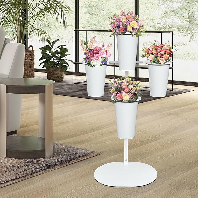 PROLEE Flower Display Stand with 4 Buckets, Flower Pot Stand, Flower Stand Metal, Florist Bouquet Shelf for Wedding, Party, Events, Oval Base, White