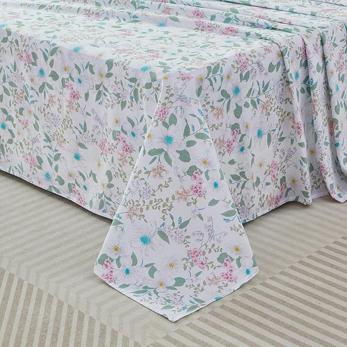 FADFAY Cal King Size Sheets Set 100% Cotton Vintage Floral Shabby Flowers & Leaves Pattern Farmhouse Bedding Set Deep Pocket Sheets with 2 Pillowcases Breathable Soft 4Pcs, Cal King