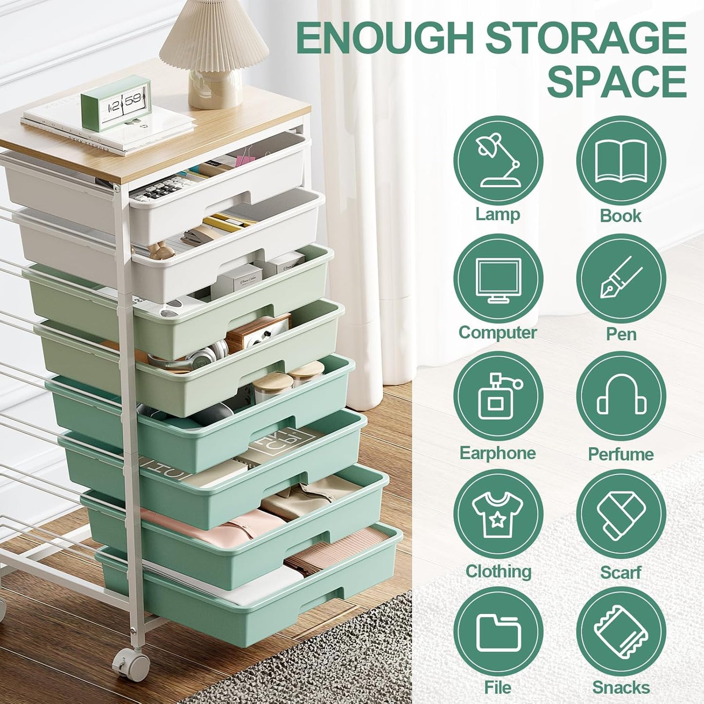 Skiennix Storage Cart - 8 Drawer Utility Cart with White Drawers & Wooden Tabletop | Ideal for Classroom & Office Organization, Green