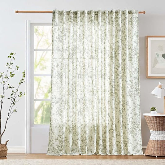 jinachan Linen Floral Curtains 100 Inch Extra Wide for Patio Sliding Glass Door Room Divider Curtain for Living Room 96 Inch Length Farmhouse Peony Christmas Green Printed Curtain Set 1 Panel
