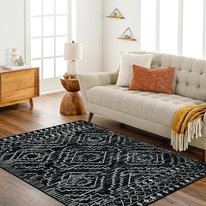 Wonnitar Moroccan Washable Area Rug 5x7, Black Large Rug for Living Room, Non-Slip Boho Bedroom Throw Mat, Low Pile Stain Resistant Geometric Floor Carpet for Dining Table Kitchen Dorm (Black,5'x7')