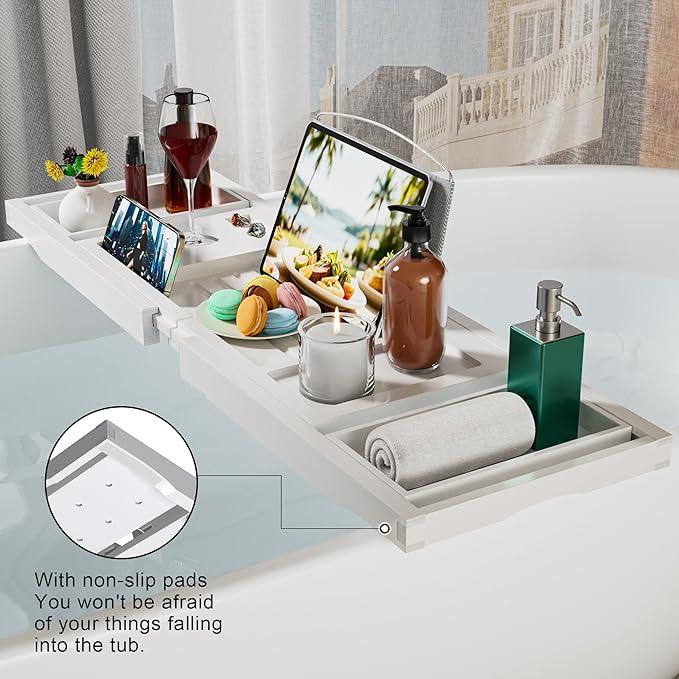 Bathtub Caddy Tray for Tub,Foldable Bath Table Trays,Bamboo Shelf with Book and Wine Glass Holder,Bathroom Accessories Suitable for Luxury Spa or Reading,White