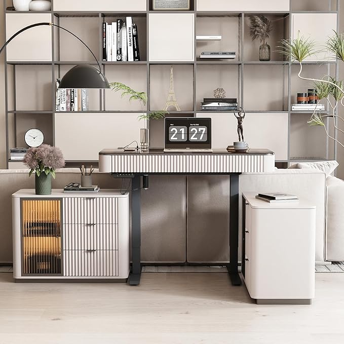 Lartis Office Desk, Electric Standing Desk with Built-in Outlets, Tempered Glass Top Modern Office Computer Desk with 2 Side cabinets (Ivory White, 50)