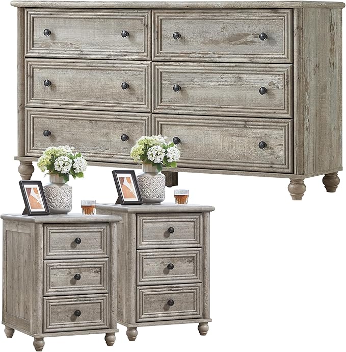 Farmhouse Dressers & Night Stand Set of 3, Wood 54'' Wide Dresser & 18'' Chest of Drawers, Roman Column 3 Drawers Nightstand Set of 2, Bedroom Furniture Dresser Suites for Living Room, Hallway Home