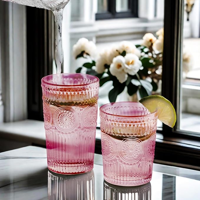 Loivttvv 12pcs Vintage Drinking Glasses Set, 12 oz Highball Glasses & 9 oz Embossed Ribbed Glassware Cups for Cocktail, Water, Juice, Coffee, Whiskey (Pink)