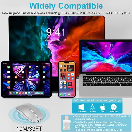 Normdecos Wireless Bluetooth Mouse - Rechargeable Silent Optical Mice for MacBook & iPad | Black