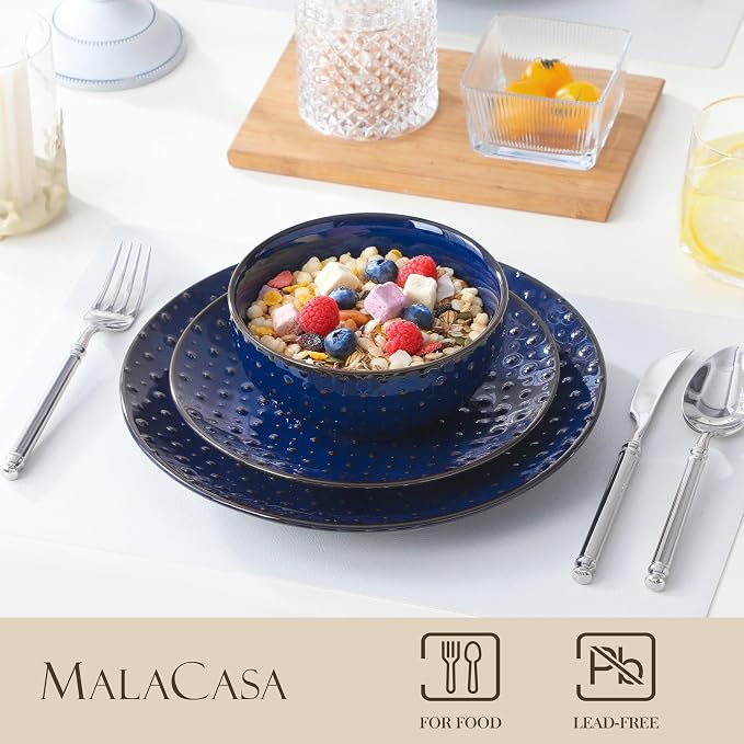 MALACASA 12 Pieces Dinnerware Sets, Modern Plates and Bowls Sets, Blue Dish Set for 4, Kitchen Ceramic Dinner Plates Dishware Set, Microwave and Dishwasher Safe, Series LYDIA