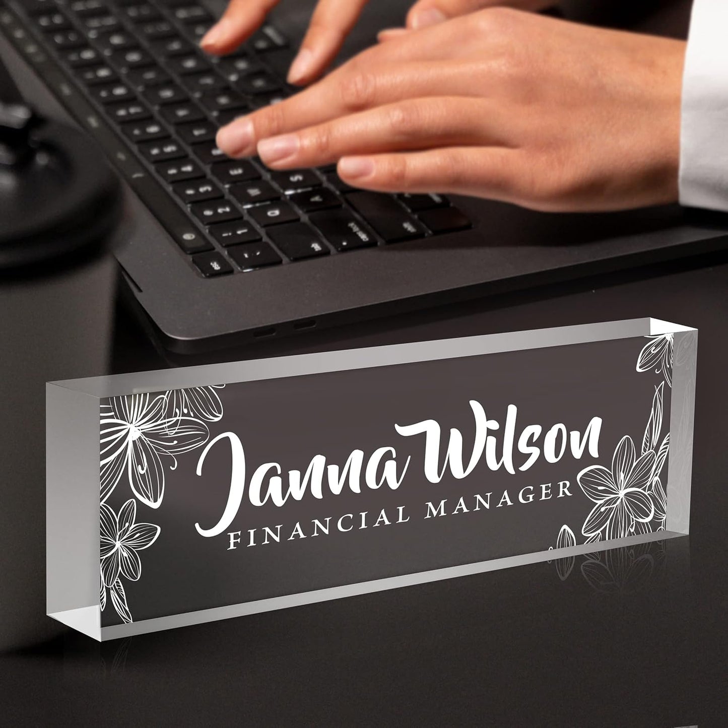 Skiennix Personalized Desk Name Plate - Custom Acrylic Glass Office Decor | Engraved Flower Design
