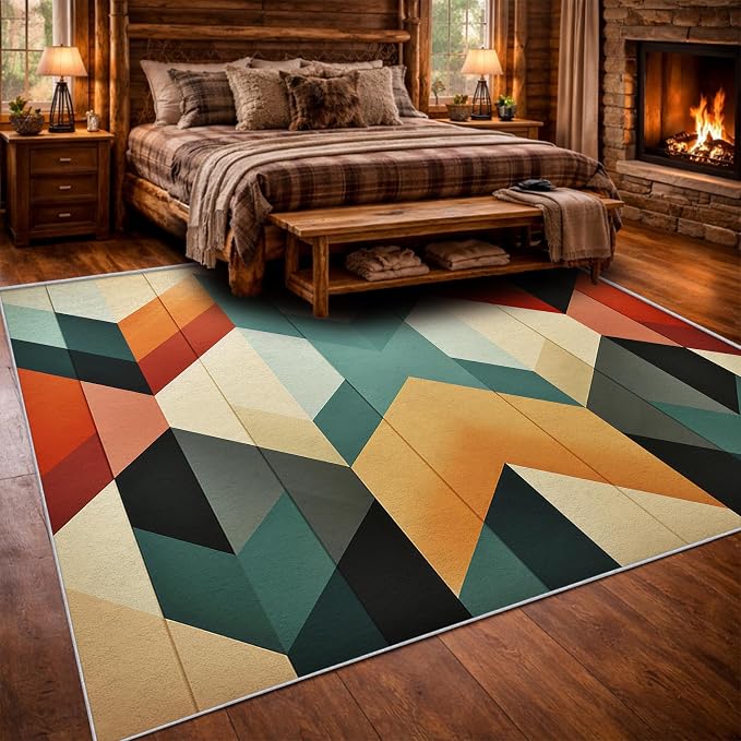 Mid Century Modern Area Rug 4x7, Washable Non-Slip Low Pile Abstract Geometric Carpet for Living Room Bedroom Home Office, Retro Contemporary Accent Rug in Teal Orange Cream Black