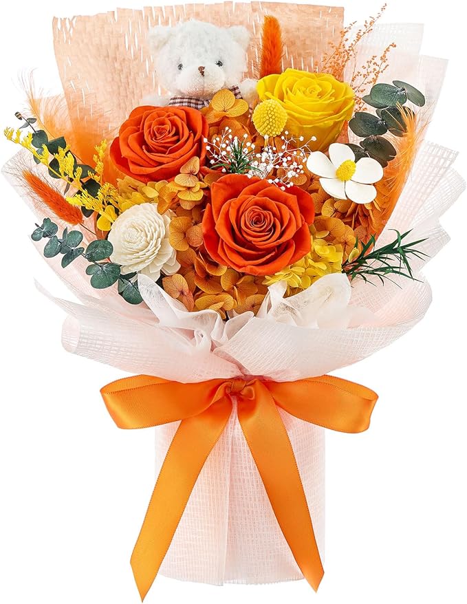 Polylove Forever Flower Bouquet Flowers for Delivery Prime Preserved Roses with Bear Gift Box for Wife Women Mother Day Anniversary Birthday (Orange)