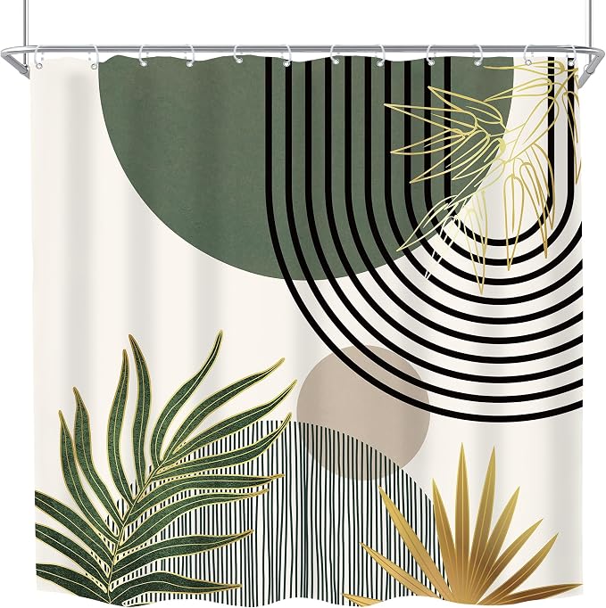 KOMLLEX Mid Century Dark Green Boho Shower Curtain 72Wx72L Inches Abstract Modern Shower Curtains for Bathroom Gold Plant Botanical Minimalist Arch Sun Fabric Liner Waterproof Polyester 12 Pack Hooks