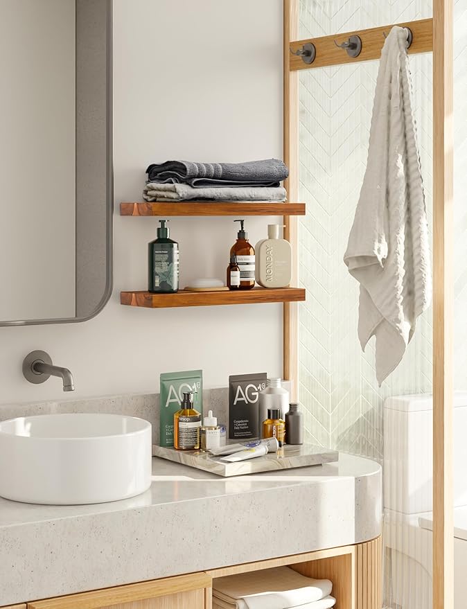 BATODA Set of 2 17" Acacia Wood Floating Shelves Wall Mounted – Rustic Farmhouse Wooden Wall Storage Shelf for Bedroom, Kitchen, Home Décor - Brackets and Shelving Mounting Hardware Included