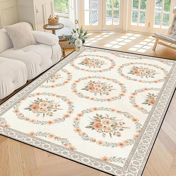 4'x6' Boho Floral Area Rug Vintage Peach Rose Carpet Non-Slip Washable Floor Mat Neutral Aesthetic Botanical Rug for Bedroom Living Room Nursery Kitchen Playroom Home Decor