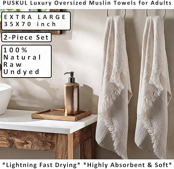 PÜSKÜL - Premium 2-Piece Oversized Muslin Bath Towel for Adult 35x70 Extra Large Bath Sheets | Natural 100% Turkish Cotton Soft Absorbent Quick-Dry Light Spa & Beach Towels (Pack of 2, Natural Raw)