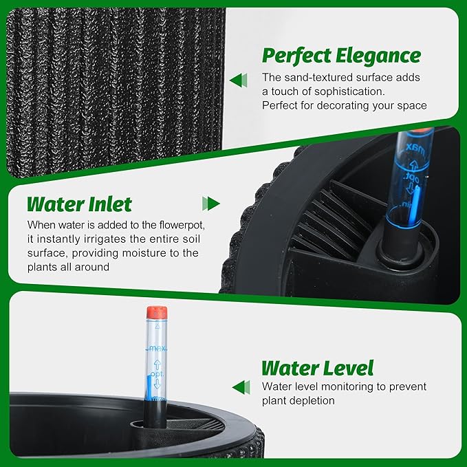 14.2" Tall Planters Set of 2, Plant Pots, Self Watering Pots for Indoor Plants, Flower Pots with Built-in Drainage and a Water Level Monitor, for Patio, Porch, Living Room, or Office, Black
